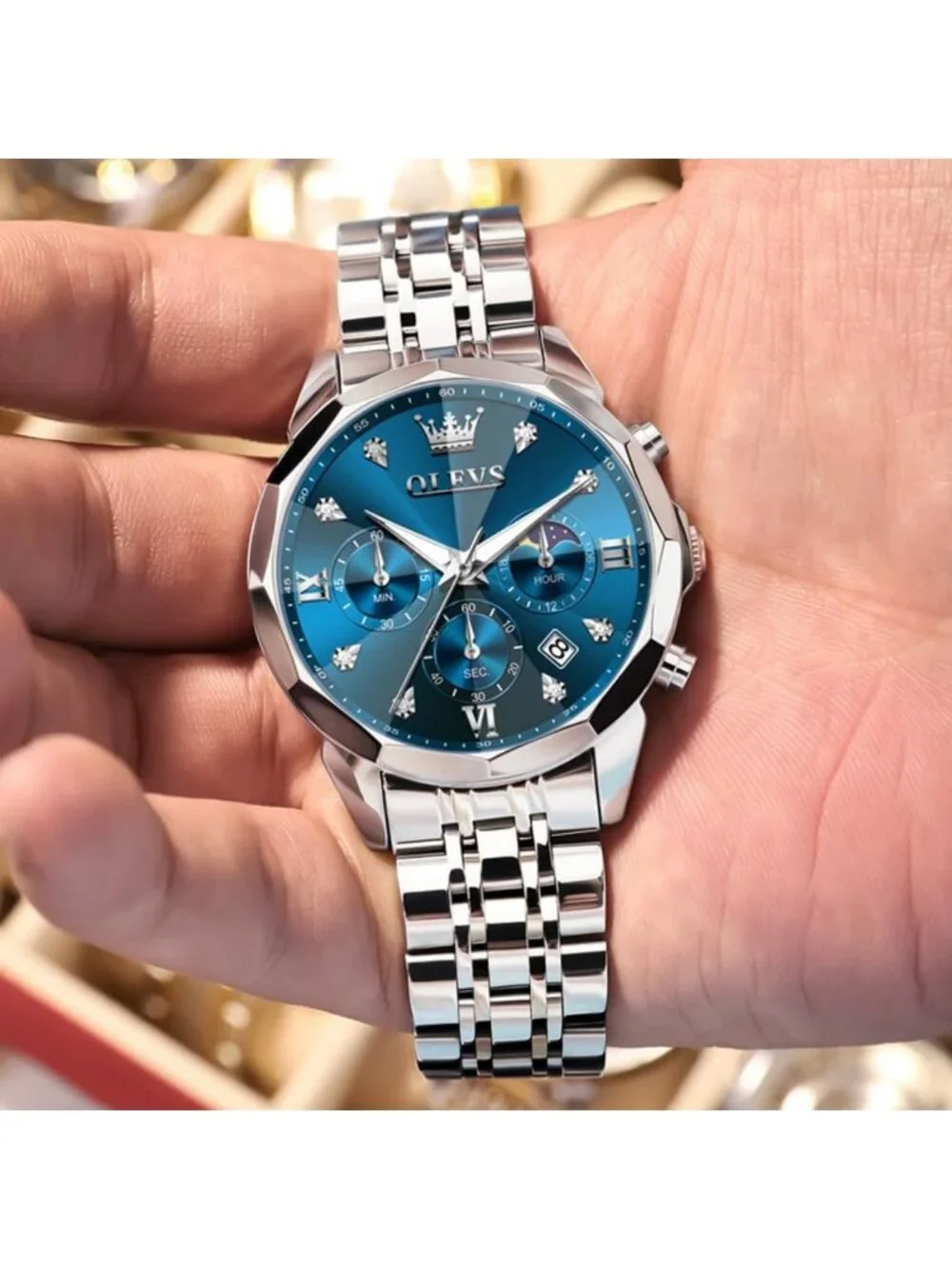 Luxury Stainless Steel Men's Watch - Diamond Chronograph, Multifunction, Date